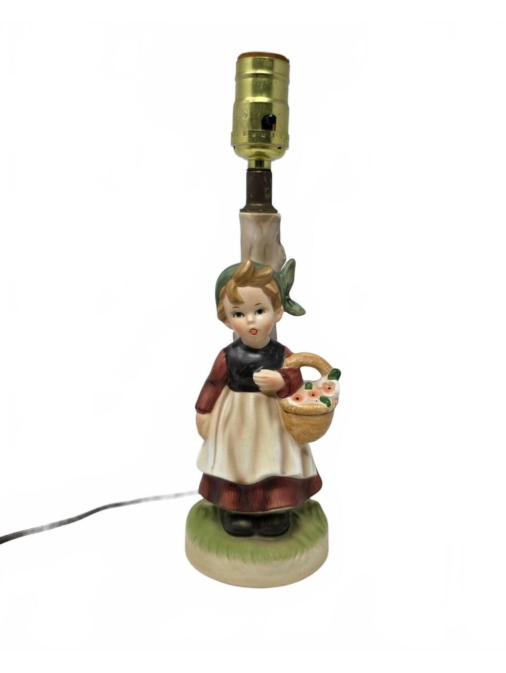 Vintage Ceramic Girl Flower Basket Figural Lamp Hummel Style Cottage Decor